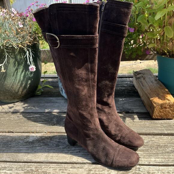 Cole Haan Boots Women Size 8.5 B Brown Suede Buckle Waterproof Heeled Knee Boots - Picture 2 of 16